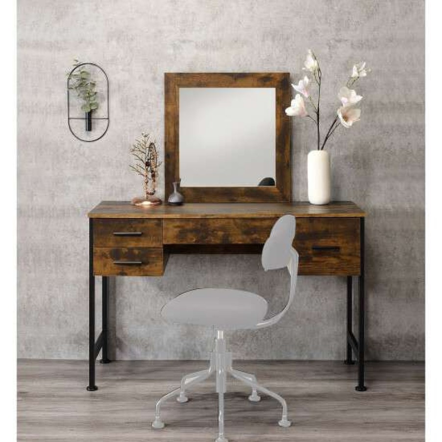 Furniture * | Promo Simple Relax 4 Drawers Vanity Desk And Mirror In Rustic Oak And Black Finish