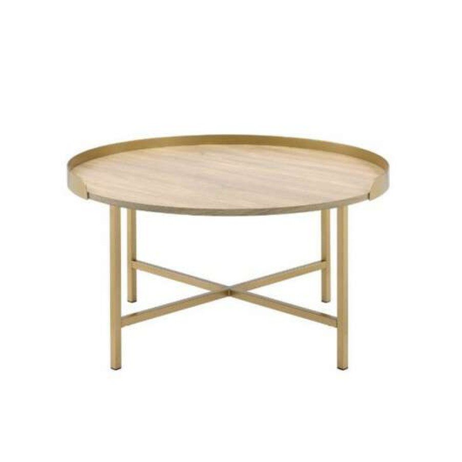 Furniture * | Top 10 Simple Relax Round Wood Coffee Table With Metal Base In Oak And Gold Finish