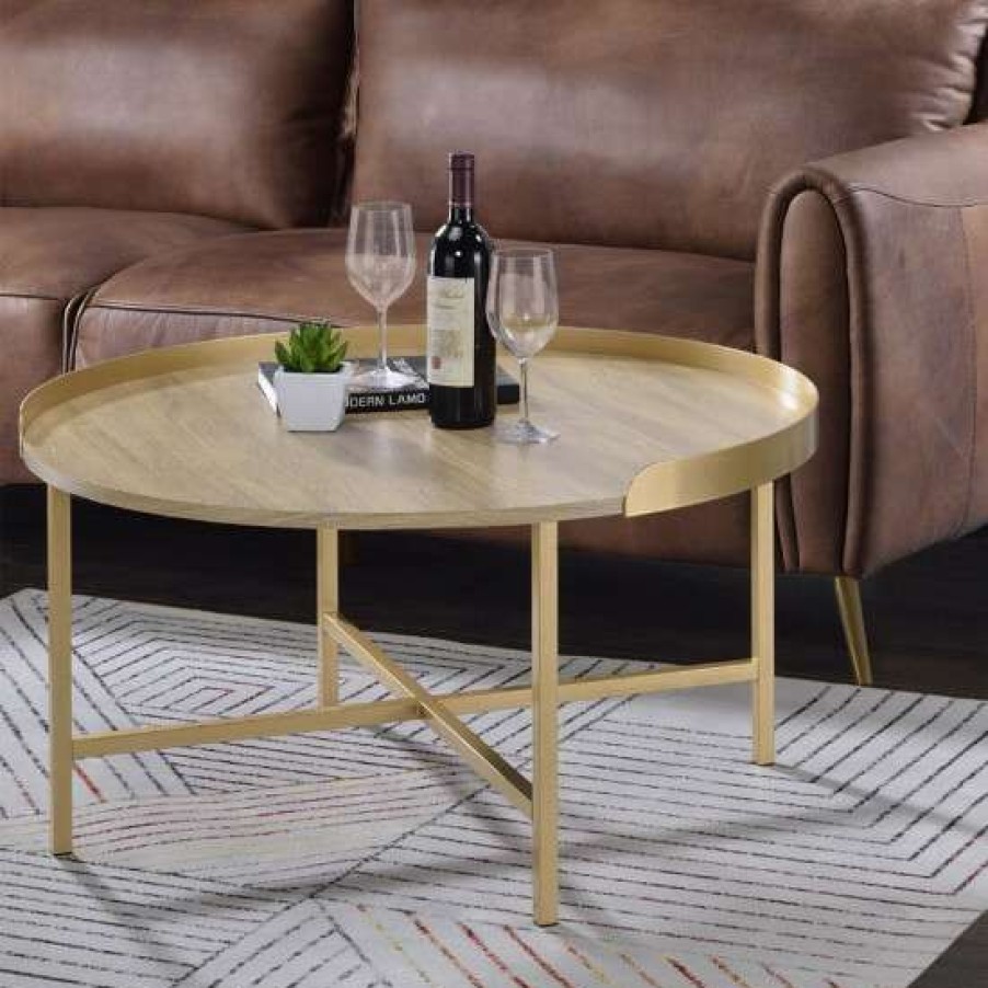 Furniture * | Top 10 Simple Relax Round Wood Coffee Table With Metal Base In Oak And Gold Finish