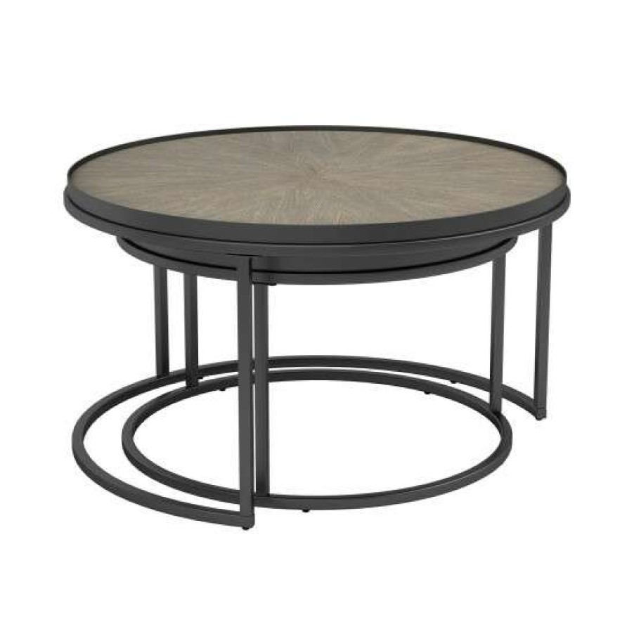 Furniture * | Outlet Simple Relax 2 Piece Round Nesting Table Set In Weathered Elm And Gunmetal