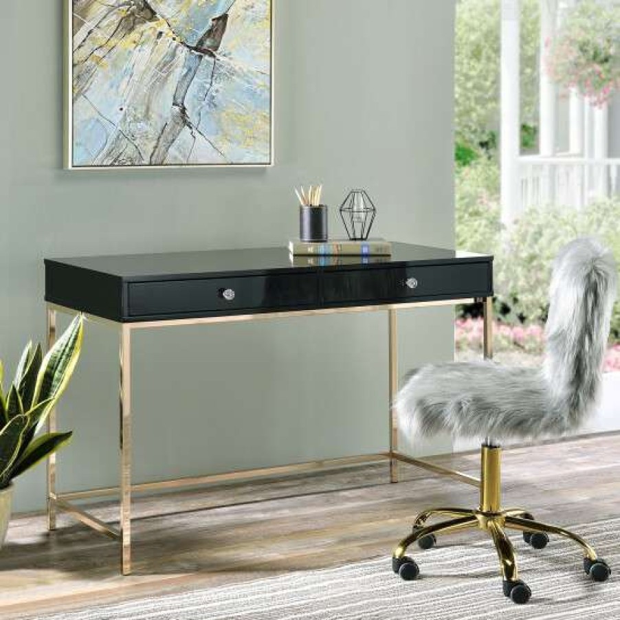 Furniture * | Coupon Simple Relax Rectangular Writing Desk With 2 Drawers In Black And Gold