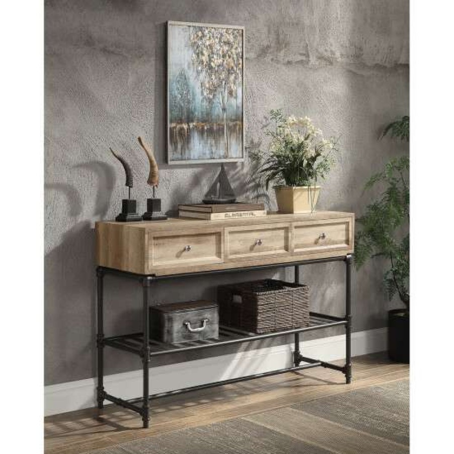 Furniture * | Coupon Simple Relax 1 Open Shelf And 3 Drawers Wood Sofa Table In Oak And Sandy Black