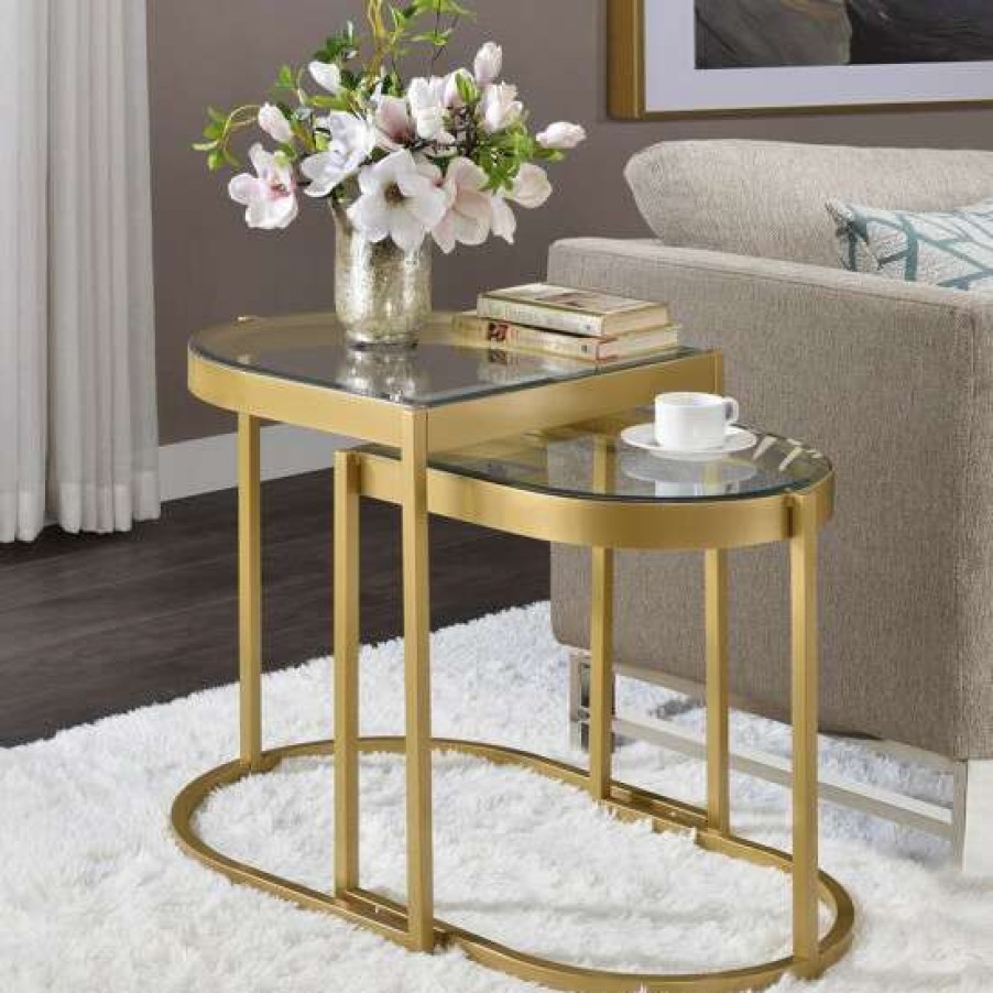 Furniture * | Promo Simple Relax 2 Piece Glass Nesting Table Set With Metal Base In Gold Finish