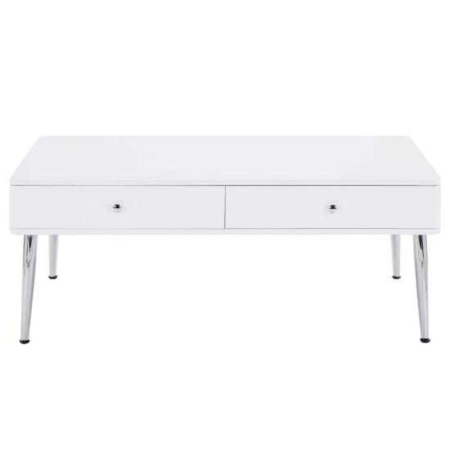 Furniture * | Coupon Simple Relax 2 Drawers Coffee Table With Metal Base In High Gloss White And Chrome