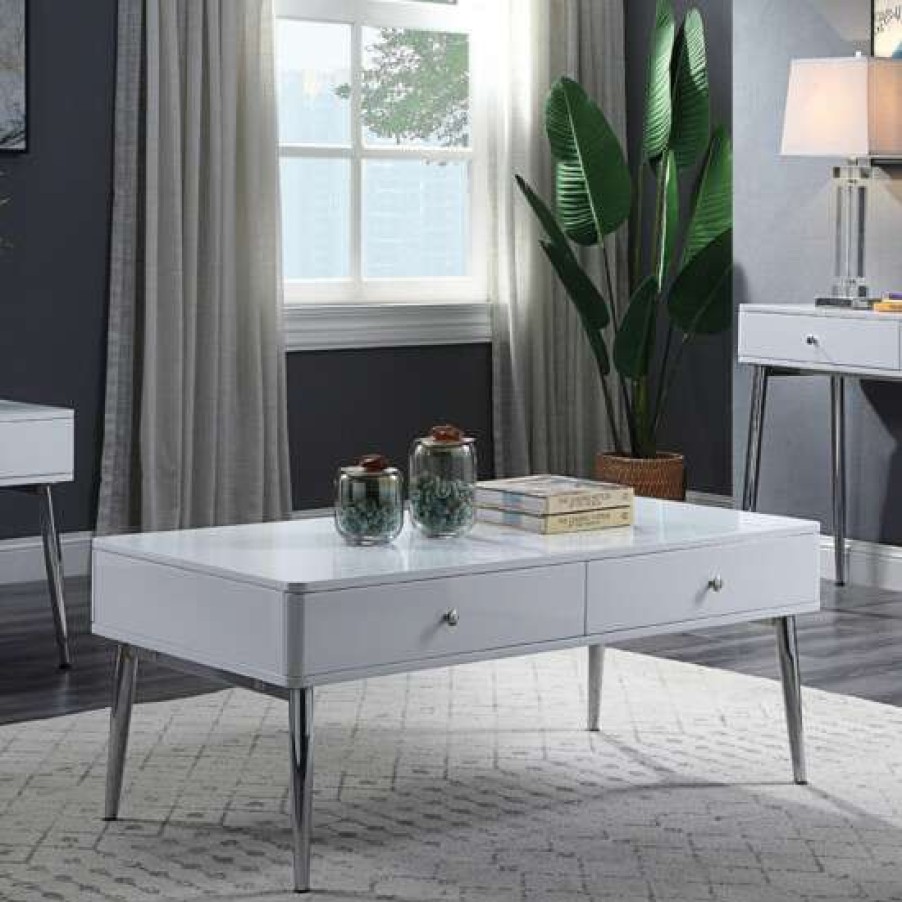 Furniture * | Coupon Simple Relax 2 Drawers Coffee Table With Metal Base In High Gloss White And Chrome