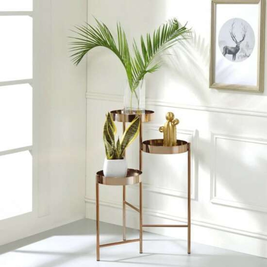 Garden & Patio * | Top 10 Simple Relax Metal Plant Stand With 3 Open Compartments In Gold