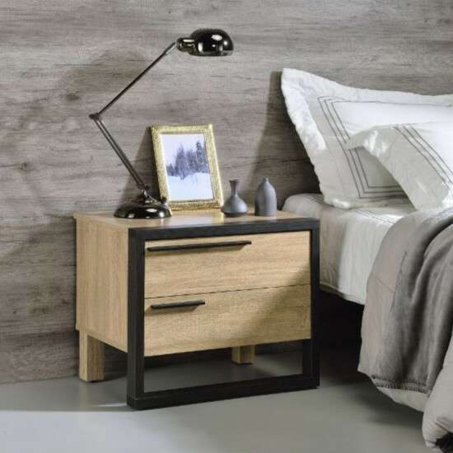 Furniture * | Cheap Simple Relax Wood Nightstand With 2 Drawers In Oak And Black