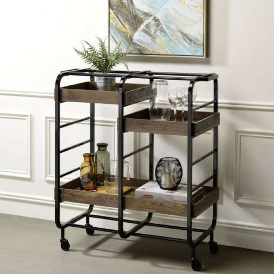 Kitchen & Dining * | Promo Simple Relax Wood Serving Cart With 2 Shelves In Black And Walnut