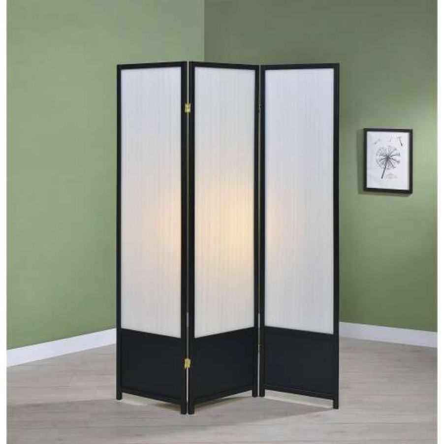 Home Decor * | Wholesale Simple Relax 3 Panel Folding Floor Screen With Translucent Inserts In Black