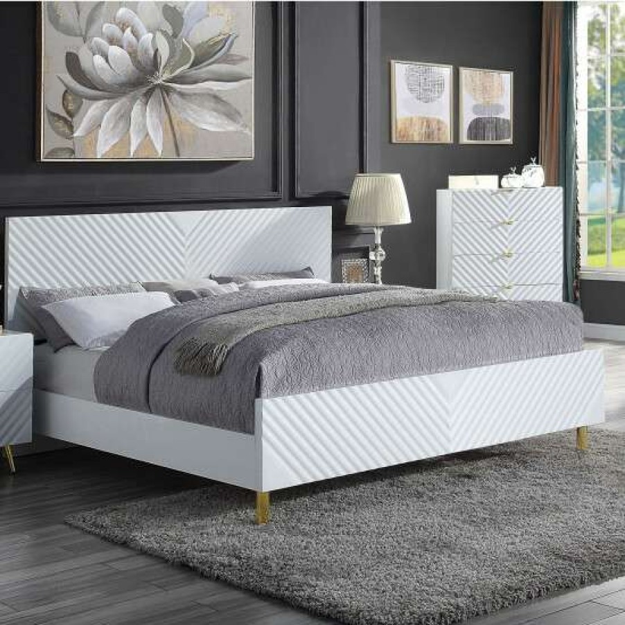 Furniture * | Coupon Simple Relax Wood Platform Bed With Metal Legs In Gold And White High Gloss Gold/White High Gloss