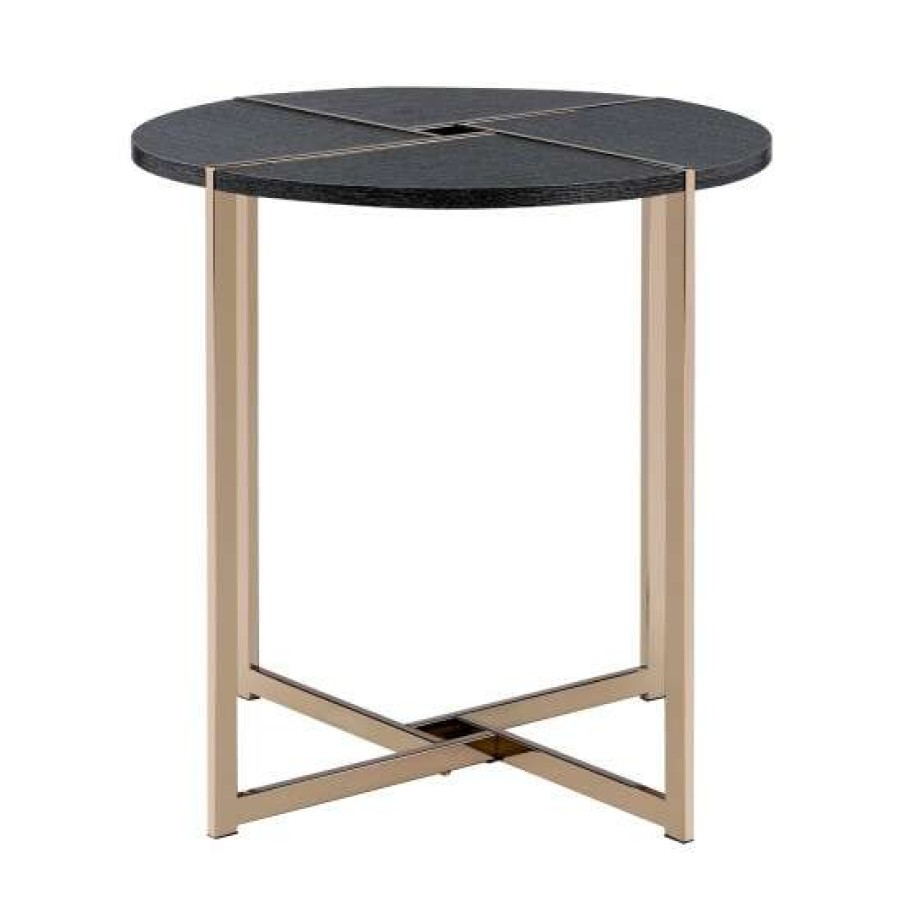 Furniture * | Hot Sale Simple Relax Round Wood End Table With Metal Base In Black And Champagne