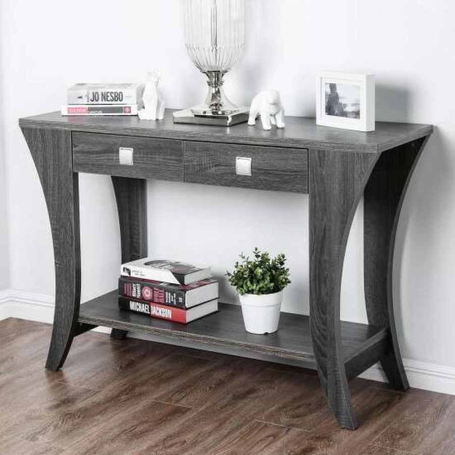 Furniture * | Flash Sale Simple Relax Wooden Sofa Table With Two Drawers In Gray Finish