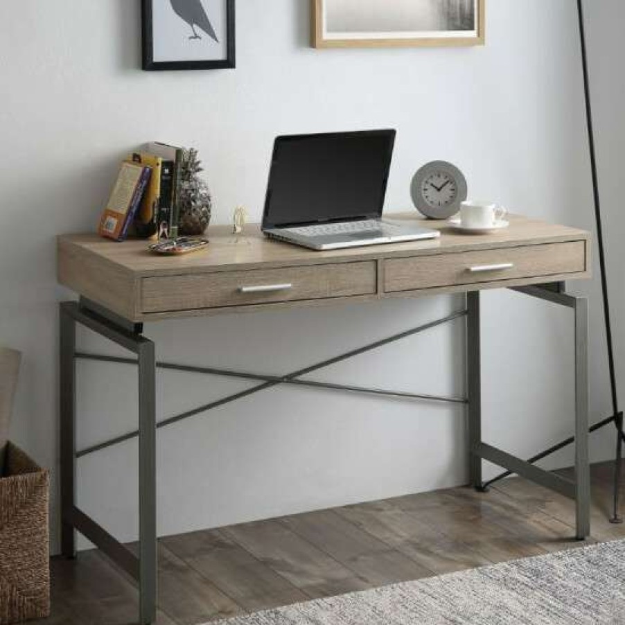 Furniture * | Discount Simple Relax 2 Drawers And 3 Hidden Top Compartments Writing Desk In Natural And Nickel