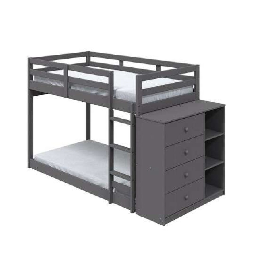 Furniture * | Coupon Simple Relax 3 Open Compartments Wood Twin Over Twin Bunk Bed In Gray