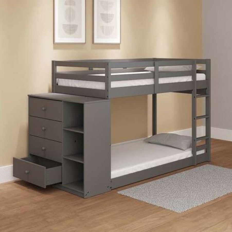 Furniture * | Coupon Simple Relax 3 Open Compartments Wood Twin Over Twin Bunk Bed In Gray