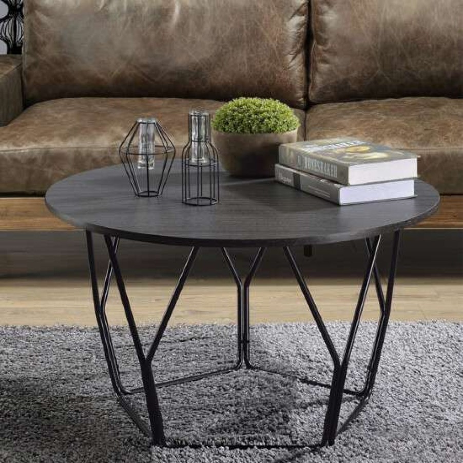 Furniture * | Best Pirce Simple Relax Round Wood Coffee Table With Metal Base In Espresso And Black