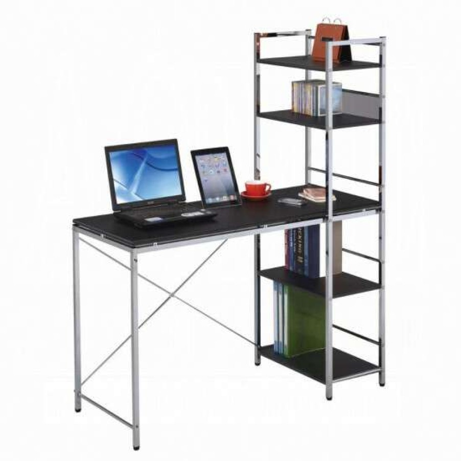 Furniture * | Hot Sale Simple Relax Computer Desk W/Shelves In Black & Chrome Finish