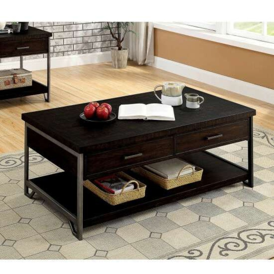 Furniture * | Cheap Simple Relax Coffee Table With Storage Drawers, Dark Oak