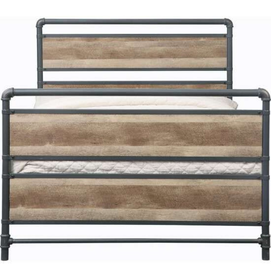 Furniture * | Brand New Simple Relax Wooden And Metal Full Bed In Antique Oak And Sandy Gray