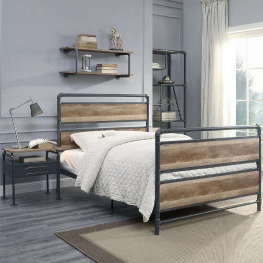 Furniture * | Brand New Simple Relax Wooden And Metal Full Bed In Antique Oak And Sandy Gray