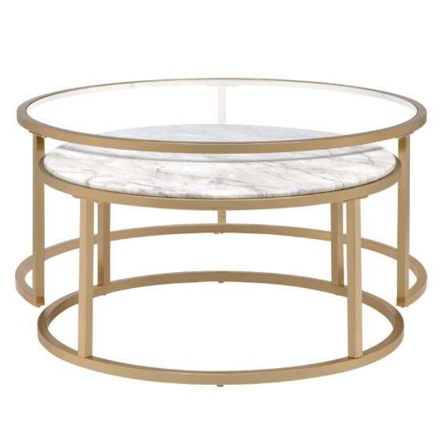 Furniture * | Discount Simple Relax 2 Piece Faux Marble And Glass Nesting Table Set In Gold