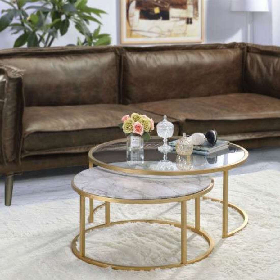 Furniture * | Discount Simple Relax 2 Piece Faux Marble And Glass Nesting Table Set In Gold