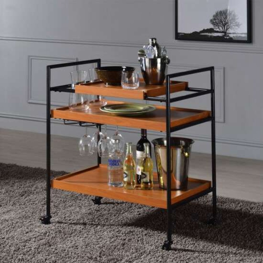 Kitchen & Dining * | Best Deal Simple Relax Wood Serving Cart With 3 Shelves In Honey Oak And Black