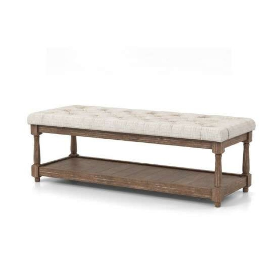 Furniture * | Buy Simple Relax Linen And Wood Bench With Open Shelf