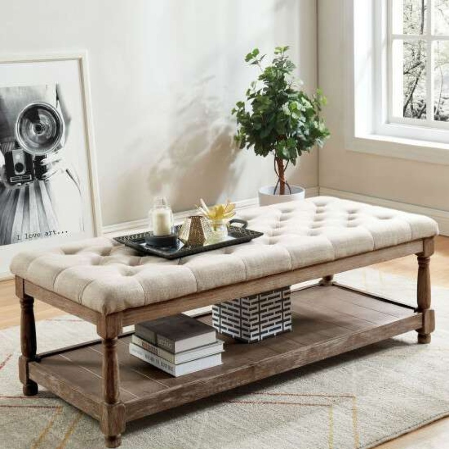 Furniture * | Buy Simple Relax Linen And Wood Bench With Open Shelf