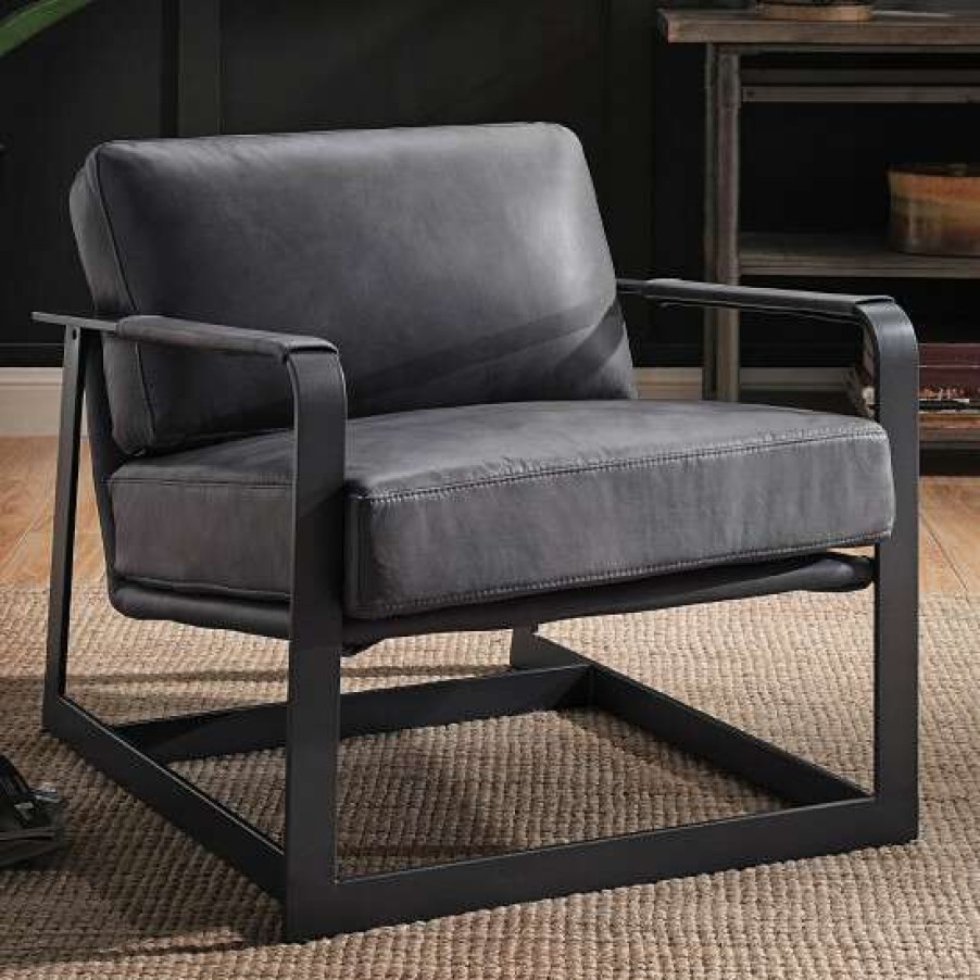 Furniture * | Flash Sale Simple Relax Top Grain Leather Accent Chair In Gray And Black