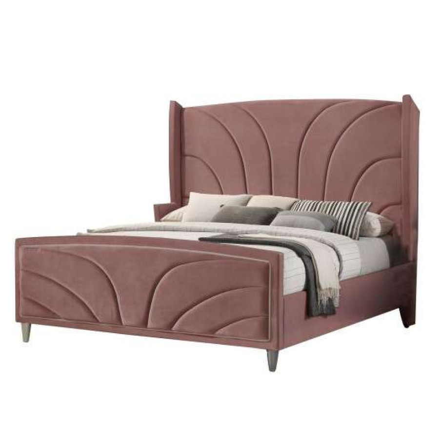 Furniture * | Coupon Simple Relax Velvet Upholstered Bed With Chrome Legs In Pink