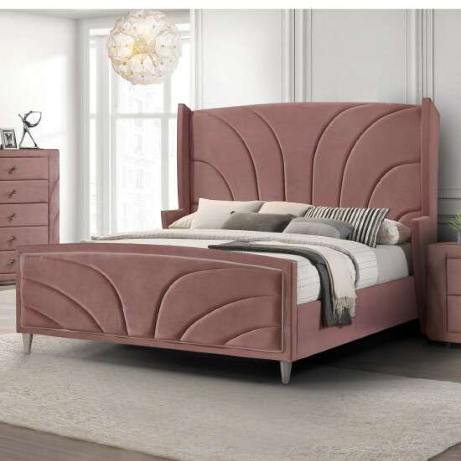 Furniture * | Coupon Simple Relax Velvet Upholstered Bed With Chrome Legs In Pink