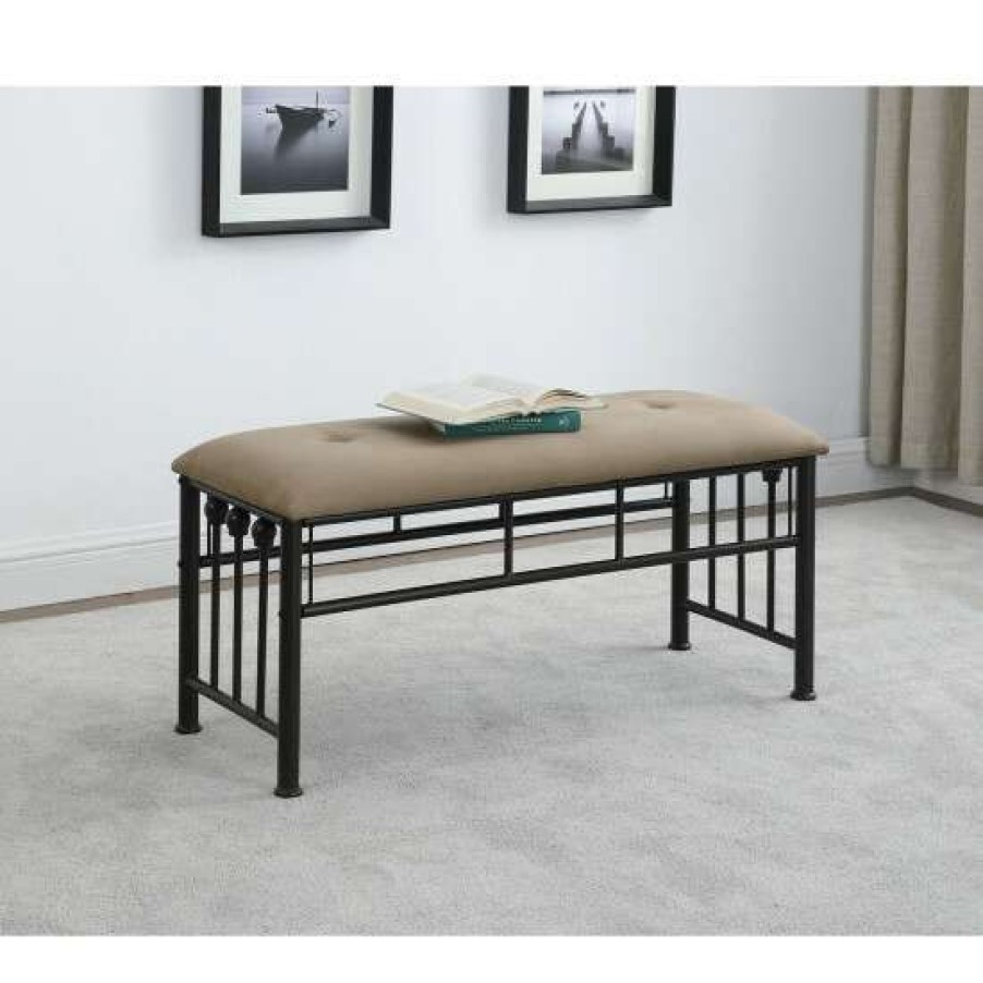 Furniture * | Best Deal Simple Relax Upholstered Bench With Metal Frame, Brown And Dark Bronze