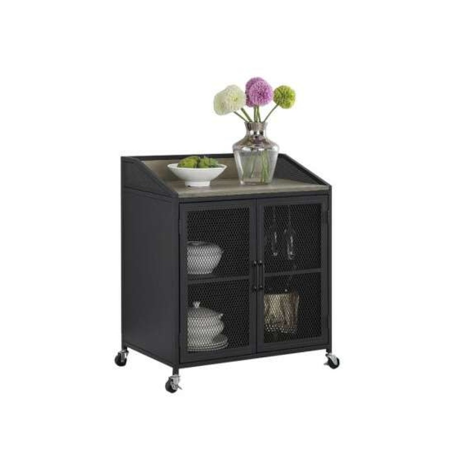 Furniture * | Best Deal Simple Relax 2 Doors Wine Cabinet With Wire Mesh Doors And Wheels In Grey Wash And Sandy Black