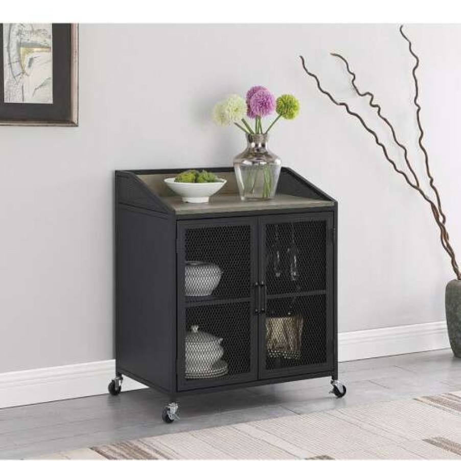 Furniture * | Best Deal Simple Relax 2 Doors Wine Cabinet With Wire Mesh Doors And Wheels In Grey Wash And Sandy Black