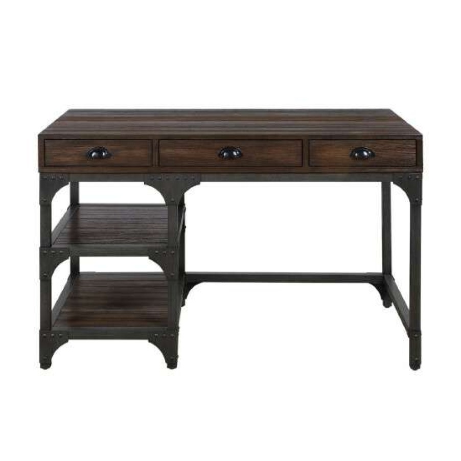 Furniture * | Promo Simple Relax Metal Frame Writing Desk In Expresso Oak And Antique Black