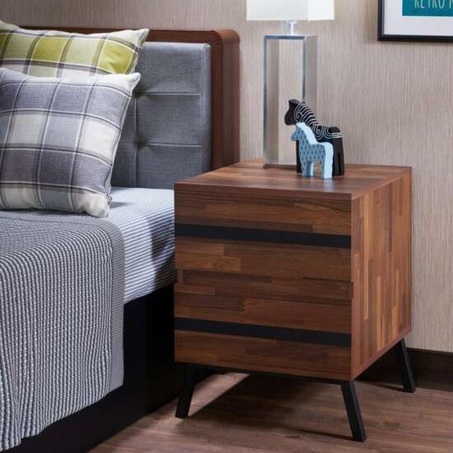 Furniture * | Deals Simple Relax Wooden End Table With 2 Drawers In Walnut