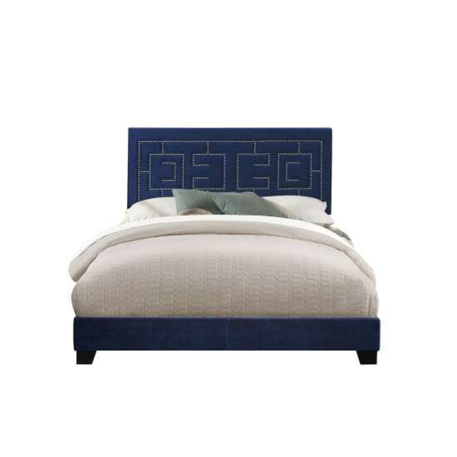 Furniture * | Top 10 Simple Relax Velvet Upholstered Bed In Dark Blue Finish