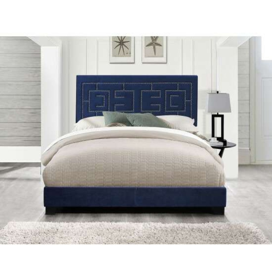 Furniture * | Top 10 Simple Relax Velvet Upholstered Bed In Dark Blue Finish