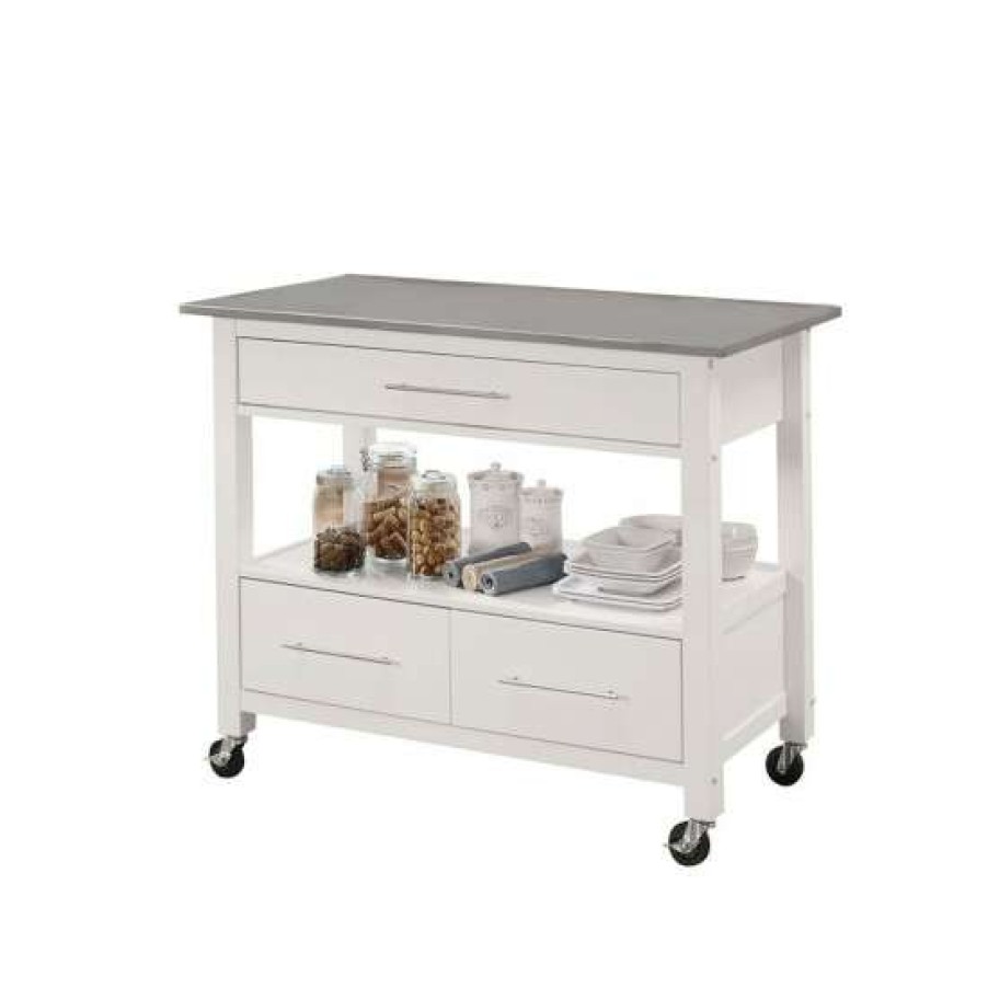 Kitchen & Dining * | Deals Simple Relax Wood Kitchen Cart With 3 Drawers And A Shelf In White And Gray