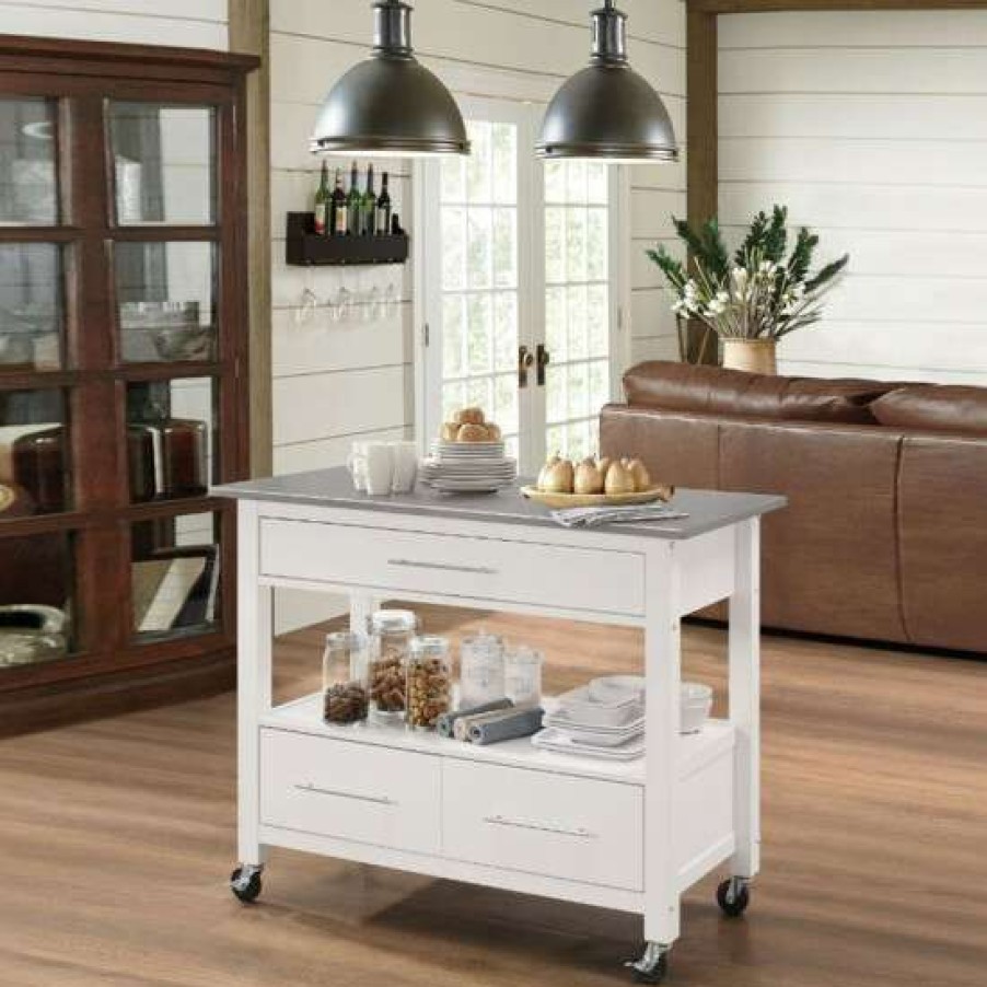 Kitchen & Dining * | Deals Simple Relax Wood Kitchen Cart With 3 Drawers And A Shelf In White And Gray