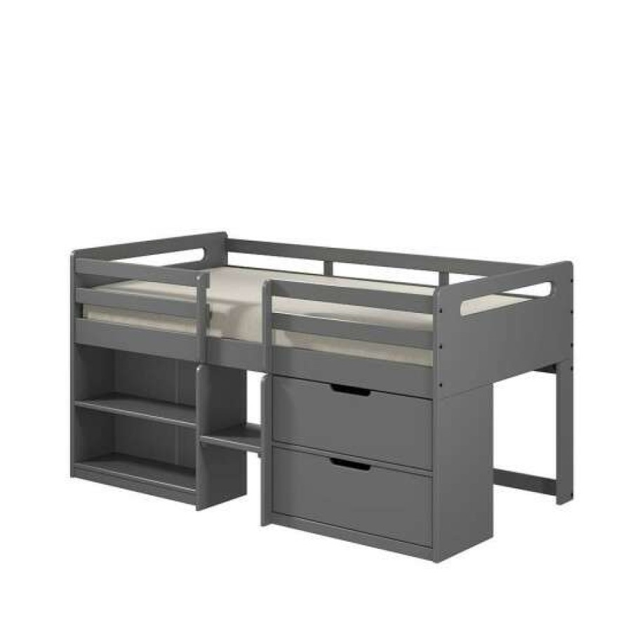 Furniture * | Outlet Simple Relax Wood Twin Loft Bed With Build-In Bookshelf In Gray Finish