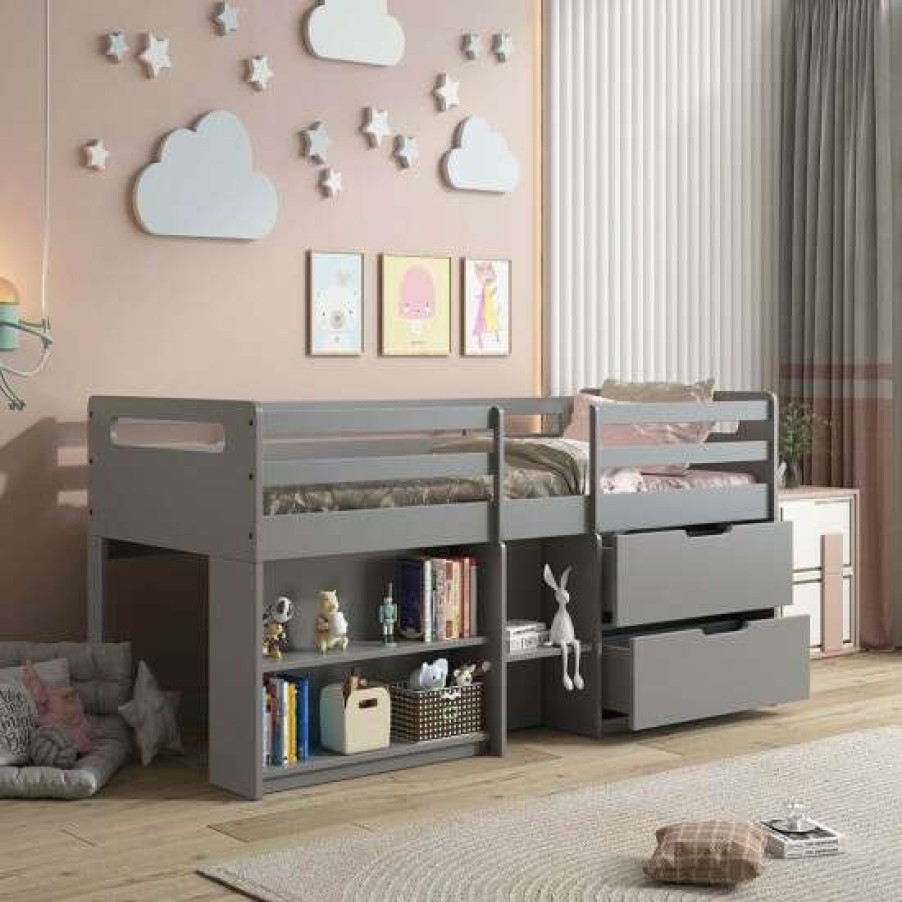 Furniture * | Outlet Simple Relax Wood Twin Loft Bed With Build-In Bookshelf In Gray Finish