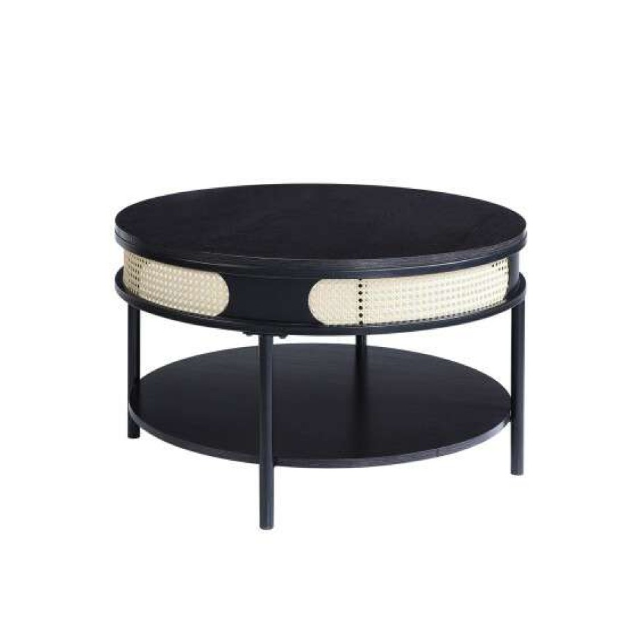 Furniture * | Budget Simple Relax 1 Open Shelf Round Coffee Table With Metal Legs In Black Finish