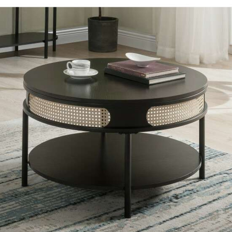 Furniture * | Budget Simple Relax 1 Open Shelf Round Coffee Table With Metal Legs In Black Finish