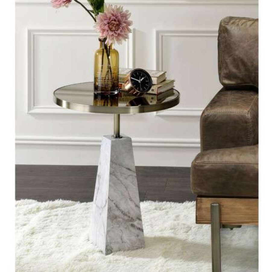 Furniture * | Best Reviews Of Simple Relax Round Accent Table With Faux Marble Base In Antique Gold