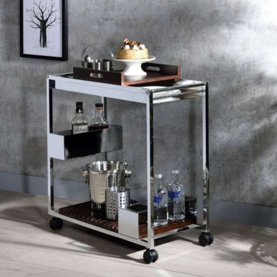 Kitchen & Dining * | Discount Simple Relax Wood Serving Cart With 2 Shelves In Chrome And Brown