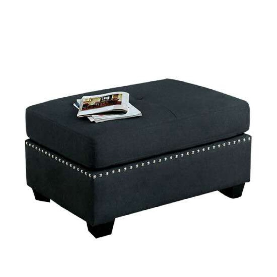 Furniture * | Best Sale Simple Relax Linen-Like Fabric Ottoman With Nailhead Trim, Dark Gray