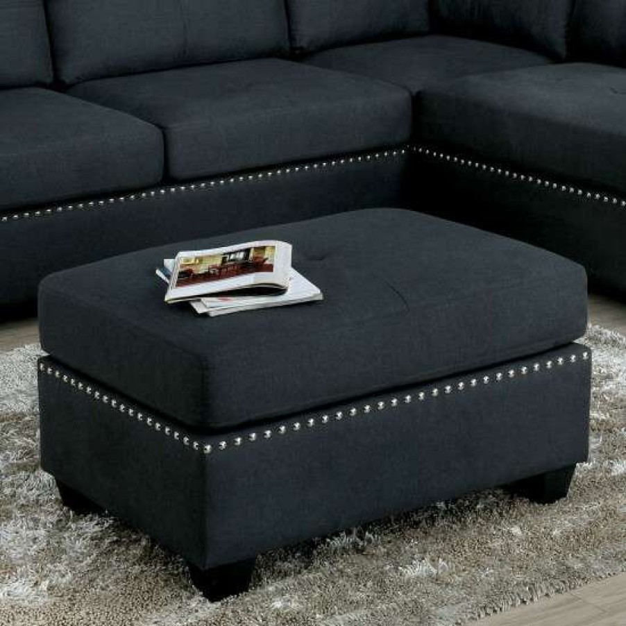 Furniture * | Best Sale Simple Relax Linen-Like Fabric Ottoman With Nailhead Trim, Dark Gray