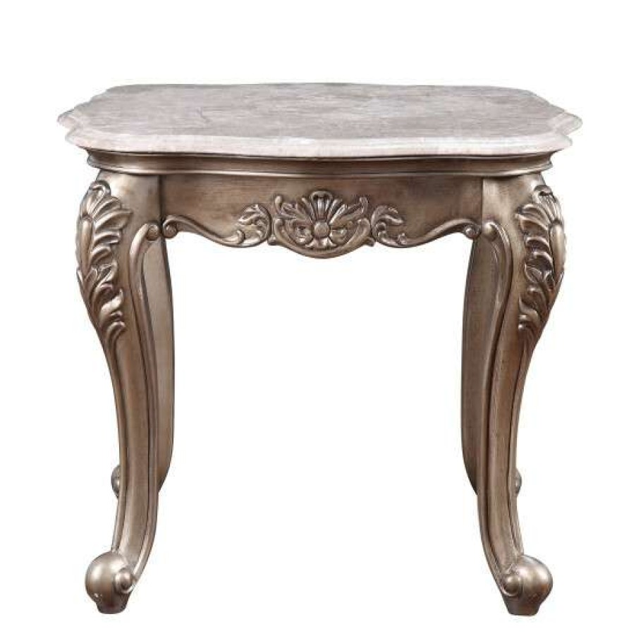 Furniture * | Budget Simple Relax Rectangular Marble Top End Table In Champagne Finish